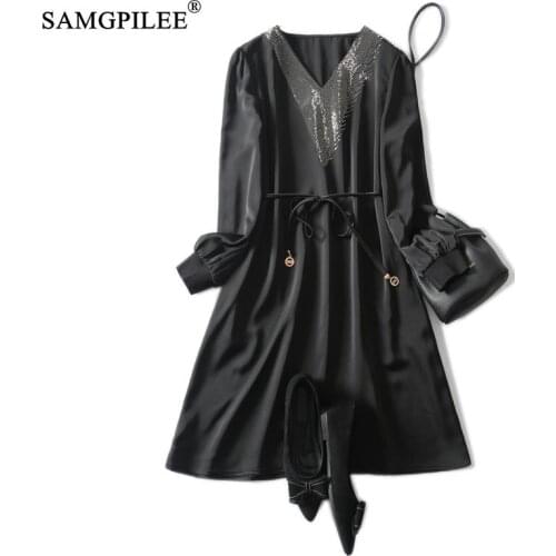 High End 2021 New Acetic Acid Fabric V-neck Hot Drilling Belt Slim Fashion Clothing Black Women Dresses Spring And Autumn 4XL