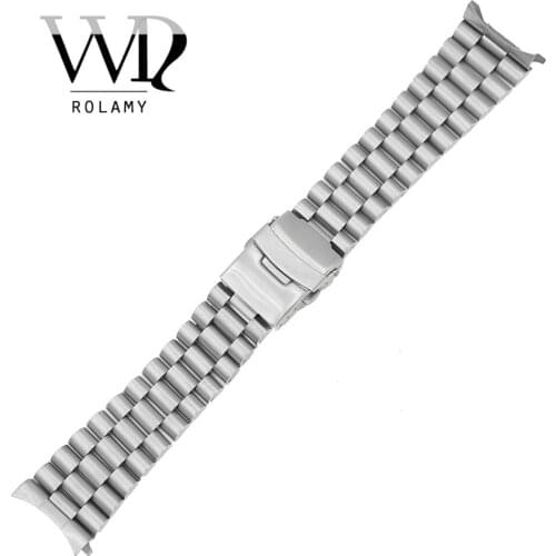 Rolamy 20 22mm Silver Hollow Curved End Solid Links Replacement Watch Band Strap Bracelet Double Push Clasp For Seiko