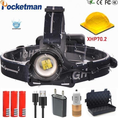 62000LM LED Headlight XHP70.2 Super Bright Headlamp Zoomable Head Light USB Head Torch with rechargeable 18650 Battery