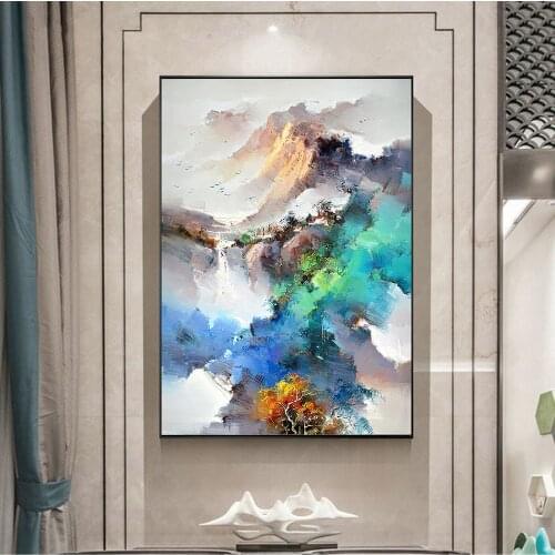Nordic Abstract Mountain Landscape Wall Art Canvas Oil Painting Art Poster Print Colorful Forest Wall Picture for Living Room