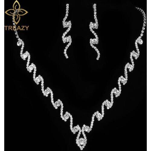 TREAZY Charm Crystal Wave Shape Wedding Jewelry Sets Silver Color Necklace Earrings Bridal Jewelry Sets Wedding Prom Accessories