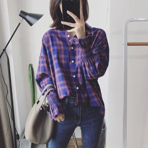Blouse Women Shirt 2021 Spring Korean Style Loose Sleeves Plaid Shirt Shirt For Women Blusas Mujer De Moda