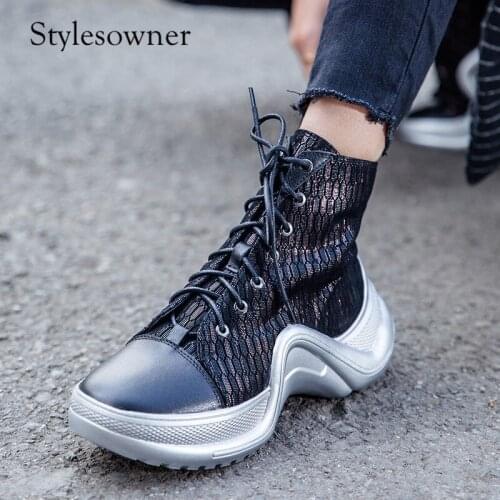 Stylesowner Young Lady Popular Trends Genuine Leather Woman Boots Mixed Colors Patchwork High Platform Colorful Martin Boots