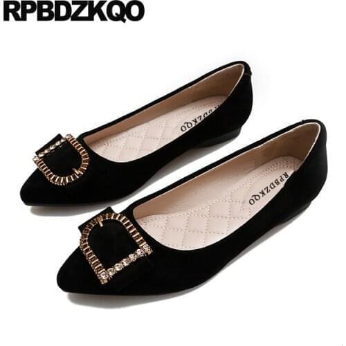 Size 33 Women Large 11 Pointed Toe Crystal Slip On Suede Diamond Ladies Beautiful Flats Shoes Rhinestone 10 Metal Black Dress