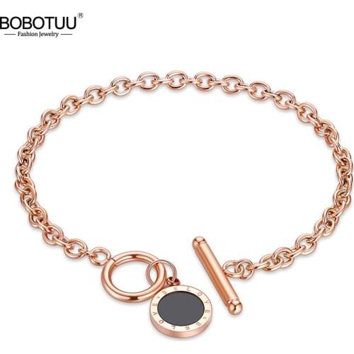 BOBOTUU Design Simple Titanium Steel Chain & Link Bracelet Bangle Jewelry Rose Gold Wedding Bracelets For Women Pulsera BB18005