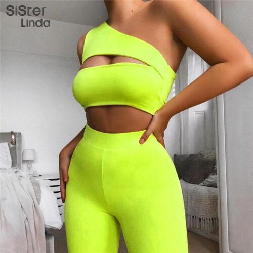 Sisterlinda One Shoulder Hollow Sexy Crop Tops Shorts Tracksuit Set Women Fashion Neon Solid Sets Outfit Mujer Autumn Sportsuit