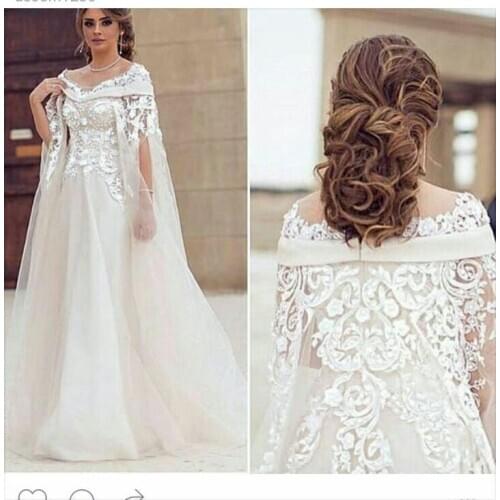 Fashion Scoop Appliqued Beaded Lace Short Sleeve Vestidos De Festa A Line Prom with Cape bridal gown mother of the bride dress