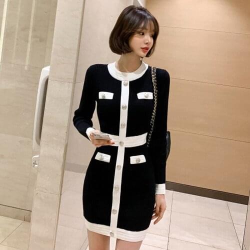 Korean Womens Knitted Penci Long Sleeve O Neck Elastic Slim Dress Autumn Sexy Bodycon Warm Sweater Dress Vestido