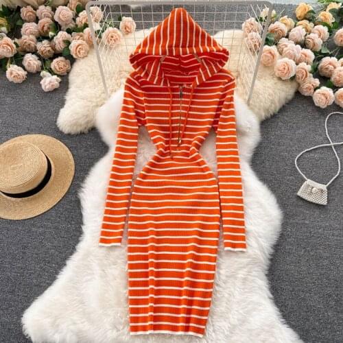 Korean Fashion Women Striped Print Knit Dress Hooded Collar Long Sleeve Zipper Up Slim Fit Casual Streetwear Chic Autumn Clothes