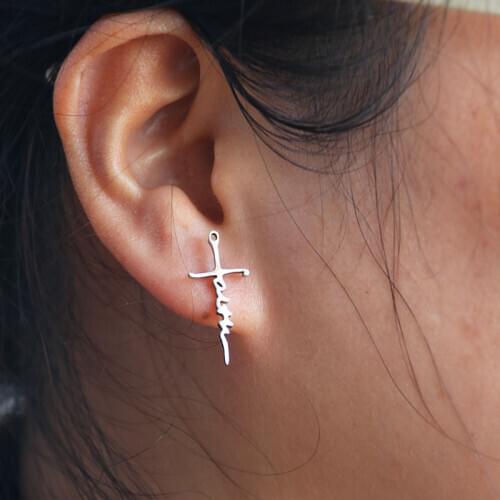 Everfast 1Pair Faith Cross Stainless Steel Earrings Belief Studs Kids Girl Minimalist Earring Jewelry Christmas Gift