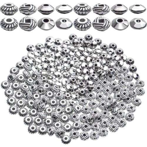 200pcs 4 Style Tibetan Silver Spacer Beads Antique Alloy Beads Gear Bicone Flower Metal Spacers for Necklace Jewelry Making, 6mm