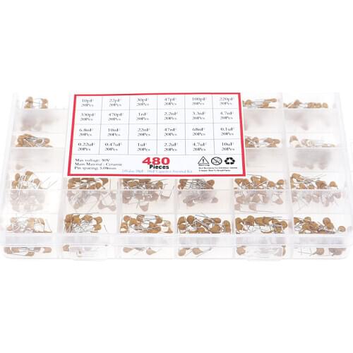 480pcs Monolithic Ceramic Capacitor assortment Kit 10pF-10uF Monolithic Capacitor set 0.1uF 0.22uF 0.47uF 2.2uF 4.7uF Capacitor