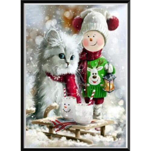 5D diamond painting full diamond Christmas kitten round diamond mosaic pattern home decoration DIY handmade
