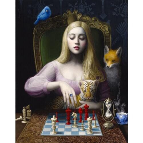 Full Square/round Diamond 5D DIY Diamond Painting Girl and animal playing chess Cross Stitch Rhinestone Mosaic Home Decor