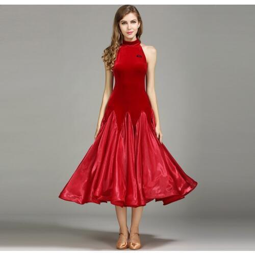 Ballroom dance modern dance dress sleeveless velvet fabric big flare dress hem halter neck