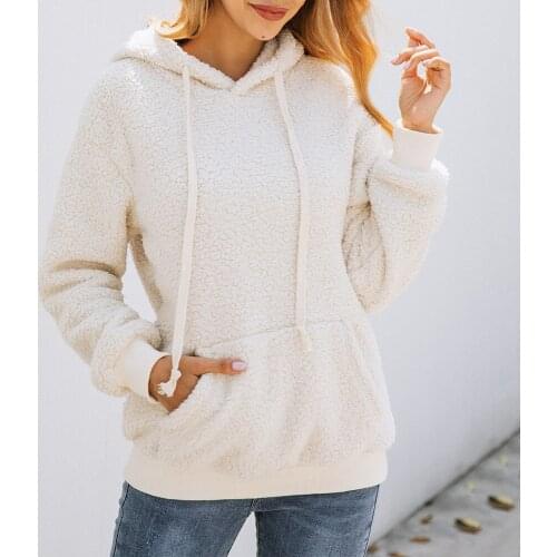 White Warm Plush Autumn Winter Long Sleeve Hoodies Women Casual Pull Rope Heeded Slim Sweatshirts Female Pullovers Streetwear