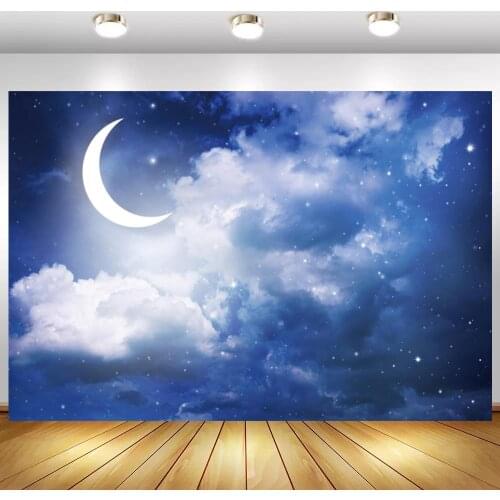 White Clould Moon Stars Night Sky Scenic Photography Background Newborn Baby Shower Kids Portrait Backdrop Vinyl Wall Poster