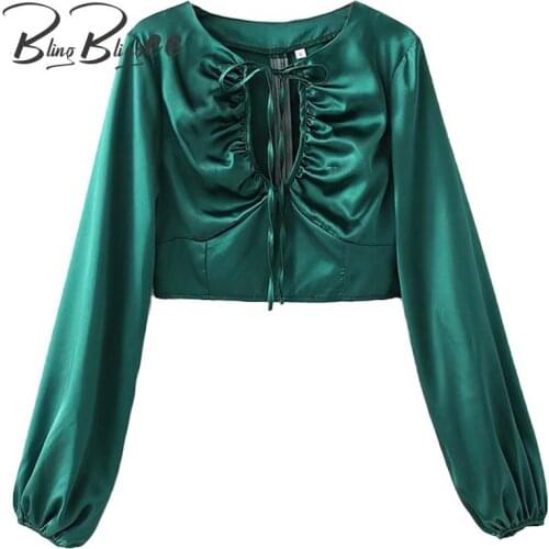 BlingBlingee Za 2021 Summer Woman Traf Crop Tops Long Sleeve Thin Style Cut Out Tie Neck Ruched Slim Satin Shirts Casual Blouses