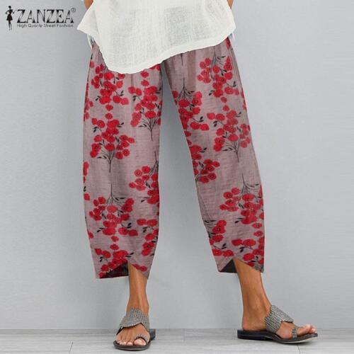 ZANZEA Summer Women Elastic Waist Floral Printed Pants Casual Wide Leg Trousers Harem Pants Loose Pantalon Plus Size Streetwear