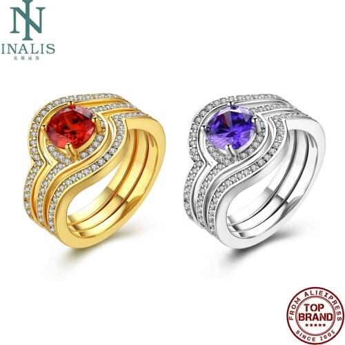INALIS Copper Rings For Women Inlay Purple And Red Zirconia 2 Color Simple Romantic 3 Layer Roun Rings Fashion Jewelry New