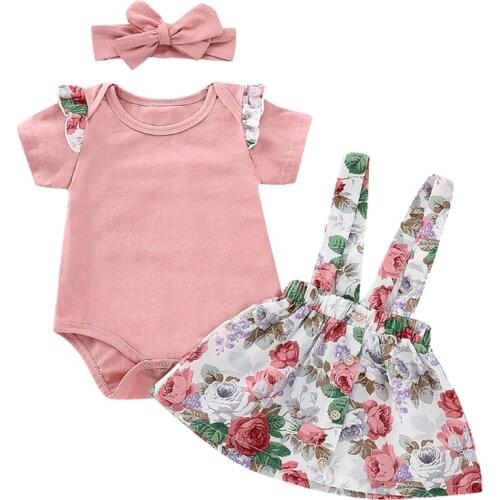 Emmababy Floral Skirt Headband Outfits Costume Cute Cotton 3PCs Toddler Baby Girl Clothes Set Summer Pink Short Sleeve Bodysuit