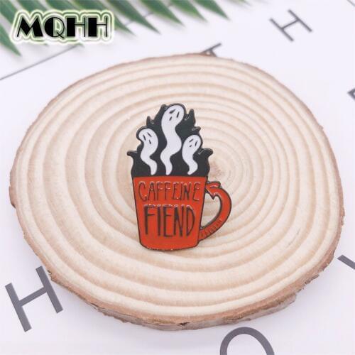 Creative Red Skeleton Ghost Coffee Cup Enamel Brooch CAFFEINE FIEND Alloy Badge Denim Clothes Bag Pin Punk Jewelry Gift For Kid