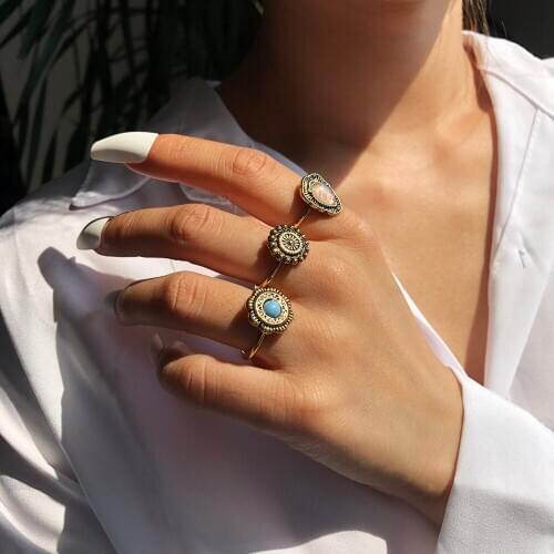 Lalynnly Vintage 3Pcs/Set Fairy Friends Blue Resin Metalic Fashion Hot Rings For Women Girl Party Jewelry Accessories R0314