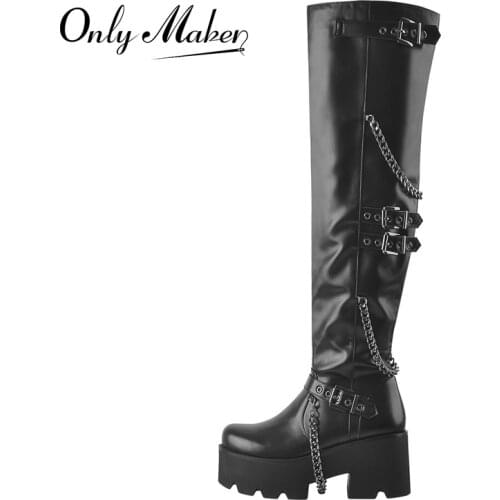 Onlymaker Round Toe Boots For Women Square Over The Knee Matte Black Metal Chain Buckle Chunky Heels Zipper Long Boots