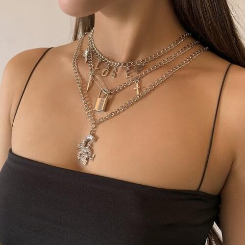 New Hip-hop Exaggerated Multi-layer Suit Micro-inlaid Dragon-shaped Tag Necklace Punk Trend Pin Chain Letter Clavicle Chain 2021