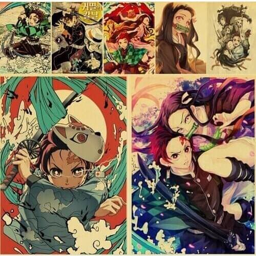 Japanese Anime Demon Slayer Kimetsu no Yaiba Retro Posters Kraft Paper and Prints Home Room Bar Wall Decor Poster Art Painting