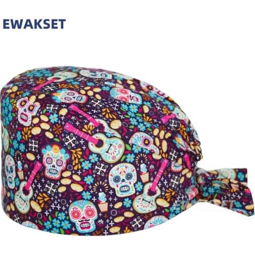 Hallowmas Cartoon Scrubs Cap with Sweatband elastic Bandage for Women Men Nurse Working Surgicals Hat Long Hair