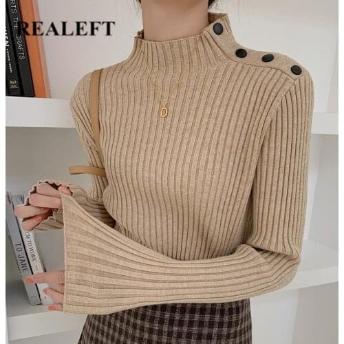 REALEFT 2021 New Autumn Winter Vintage Sweaters Female Elegant Mock Neck Long Sleeve Solid Color Womens Knitting Tops Pullovers