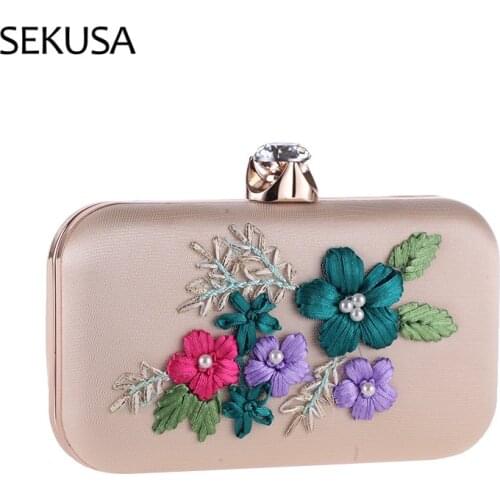 Flower Printed Evening Bags Satin Small Day Clutch With Chain Shoulder Handbags Wedding Female Purse