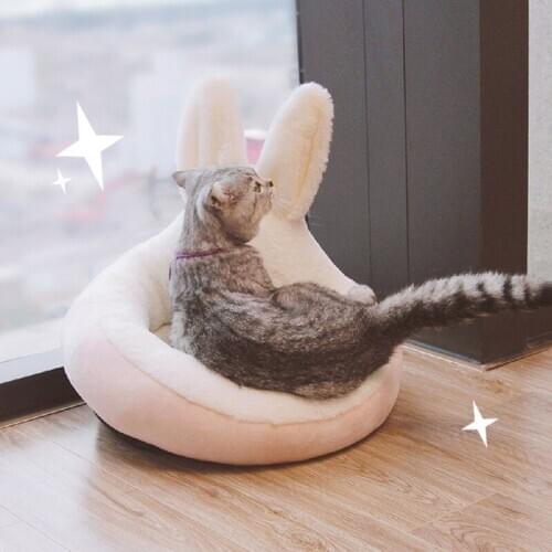 Rabbit Ear shape Cat Warm Basket Bed Cat House Kennel Winter Warm Short Plush Pet Products Kennel Round Windproof Non-slip Nest