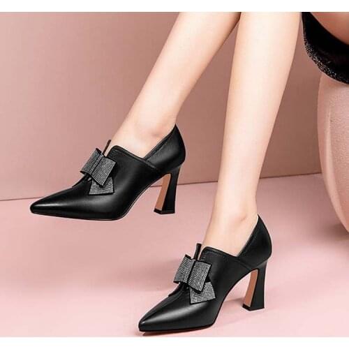2021 New Women Pumps Genuine Leather High Heels Elegant Fashion Office Lady Butterfly-Knot Pointed Toe Shoes Woman