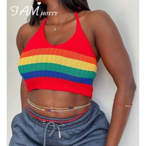 Rainbow Striped Knitted Y2K Cami Crop Top Tee Women Sexy Backless Halter V Neck Corset Beach Clothing Vintage Cute Vest Iamhotty