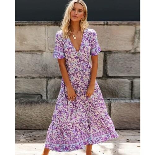 Fad Hippie Split Sexy Summer Floral Printed Maxi Dress V Neck Short Sleeve Vintage Vestido Beach Boho Casual Long Women Dresses