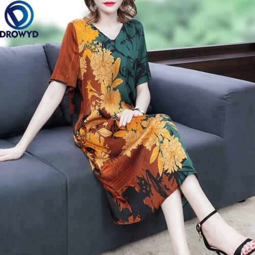 Women Long Dress Summer 2021 New Office Lady Vintage National Wind Print Short Sleeve Patchwork Loose V-Neck Yellow Party Dress