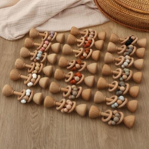 1PC Wooden Teether Rattle Montessori Activity Baby Toys Wooden Blank Ring Teething Toys Baby Nursing Gifts Toys