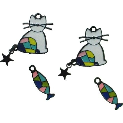 10pcs/lot Cute Animal Enamel Hollow cat Stitching Color Fish Charm Star Pendant For DIY Earring Bracelet Jewelry Making New