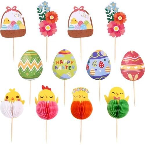 12pcs Lovely Easter Egg Cupcake Toppers Bunny Design Easter Cake Insert Cards