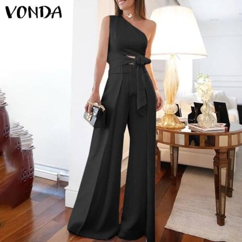 VONDA 2021 Women Long Jumpsuits Sexy Sleeveless Solid Wide Leg Pants Loose Zipper Jumpsuits Oversized Bow Office Overalls