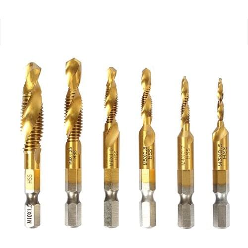 6pcs Three-in-one high-speed steel machine taps M3 M4 M5 M6 M8 M10 taps drills chamfering one-piece spiral titanium-plated taps