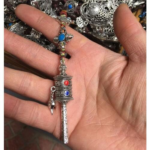 Free Shipping Pocket Tibetan Silver Prayer Wheel Pendant Lanyard Statue