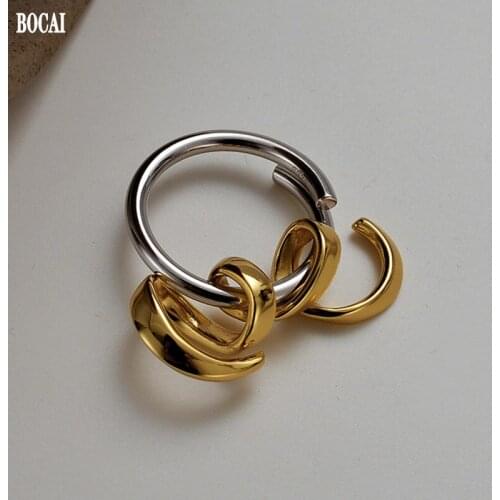 BOCAI New Real solid S925 sterling silver line winding ring simple handwork open two-tone fashion Woman ring