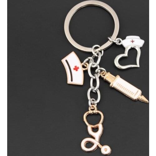 New Medical Tool Charms Keychain Needle Syringe Stethoscope Nurse Cap Key Ring Heart Key Chain Doctors And Nurses Gift Jewelry
