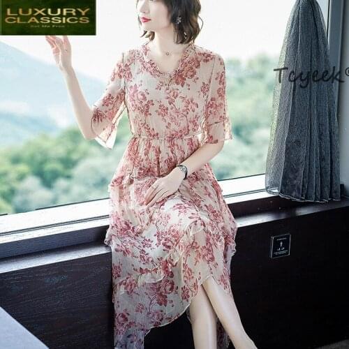 Summer Natural Real Vintage Silk Dress Women Dress 2021 Boho Floral Print Elegant Ladies Dresses Party Beach Vestidos 416