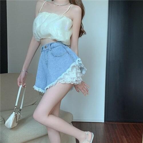 Summer Women Cute Sweet Sexy Shorts High Waist Fringed Umbrella Ruffled Denim Shorts Korean Lace Leggings Casual Two-piece Suit