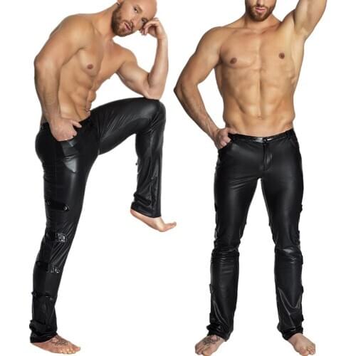Men Leather Pants Skinny Fit Elastic PU Leather Trousers Motorcycle Trousers PVC Latex Leggings Erotic Gay Pole Dance Club Wear