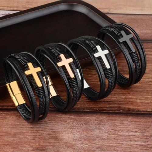 Genuine Leather Cross Bracelet For Men Stainless Steel Magnet Clasp Braid Multilayer Homme Bracelets Men Gift Jewelry